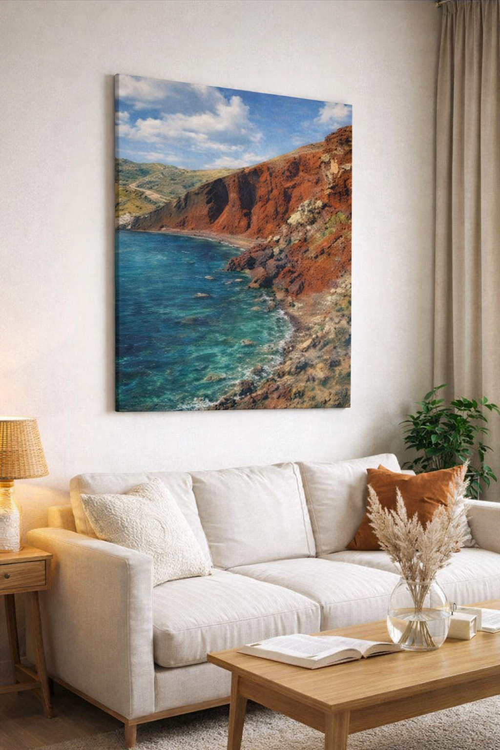 Santorini Red Beach Canvas Wall Art | Greece Coastal Cliffs | Turquoise Aegean Sea Print | Mediterranean Travel Decor | Luxury Ocean Wall Art