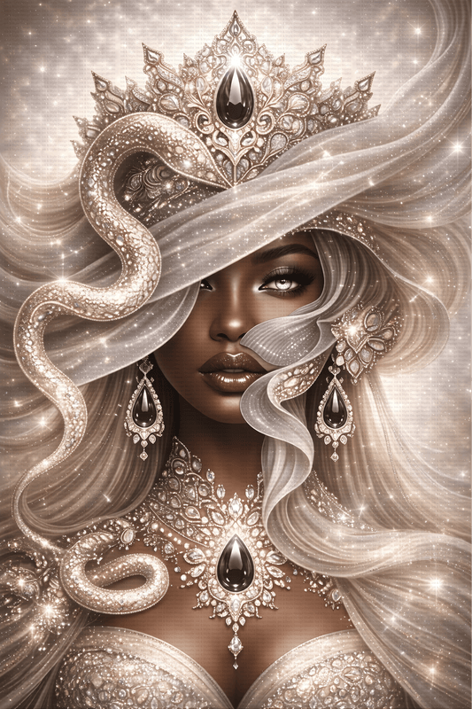 Empress of Pearl Canvas Wall Art | Elegant Black Woman Portrait | Soft Feminine Luxury Decor | Neutral Glam Wall Art | Divine Feminine Artwork