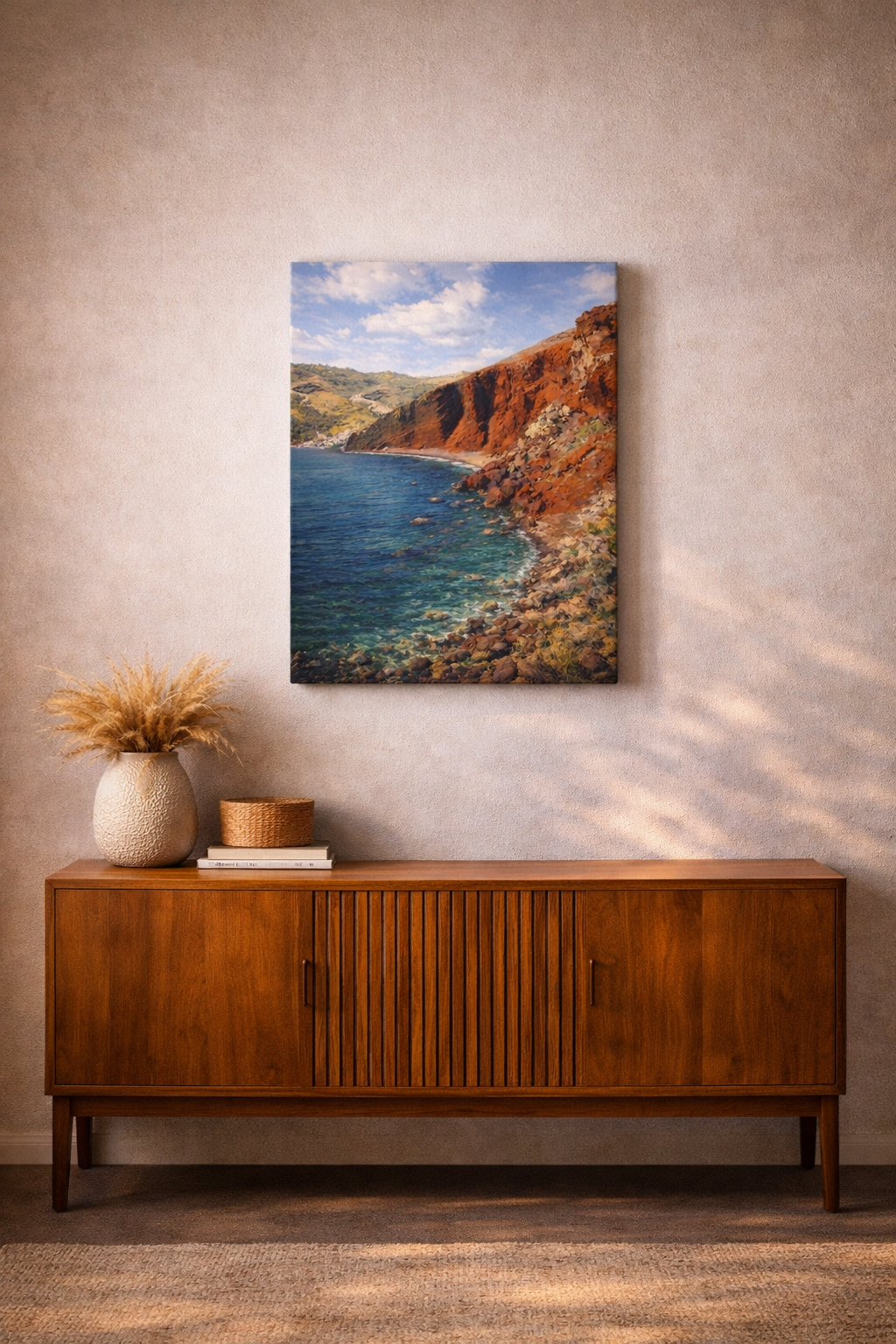 Santorini Red Beach Canvas Wall Art | Greece Coastal Cliffs | Turquoise Aegean Sea Print | Mediterranean Travel Decor | Luxury Ocean Wall Art