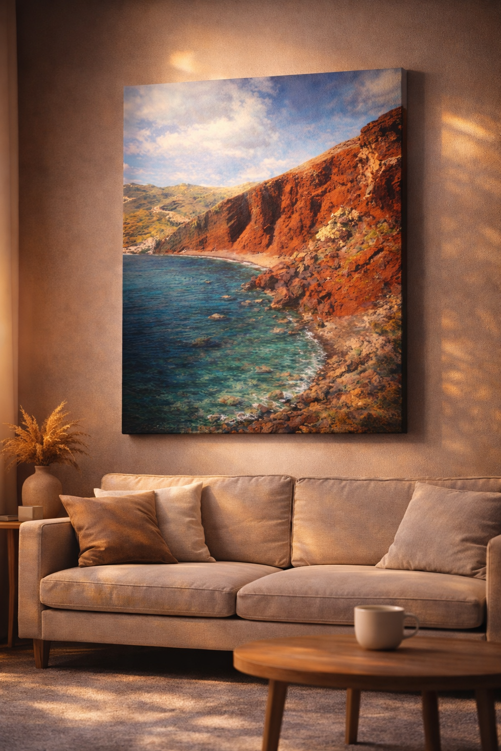 Santorini Red Beach Canvas Wall Art | Greece Coastal Cliffs | Turquoise Aegean Sea Print | Mediterranean Travel Decor | Luxury Ocean Wall Art