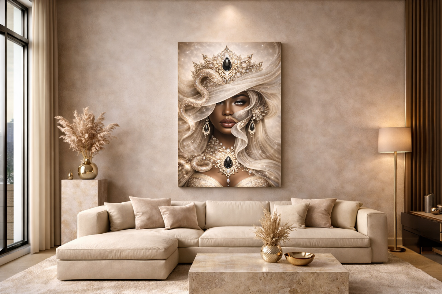 Empress of Pearl Canvas Wall Art | Elegant Black Woman Portrait | Soft Feminine Luxury Decor | Neutral Glam Wall Art | Divine Feminine Artwork