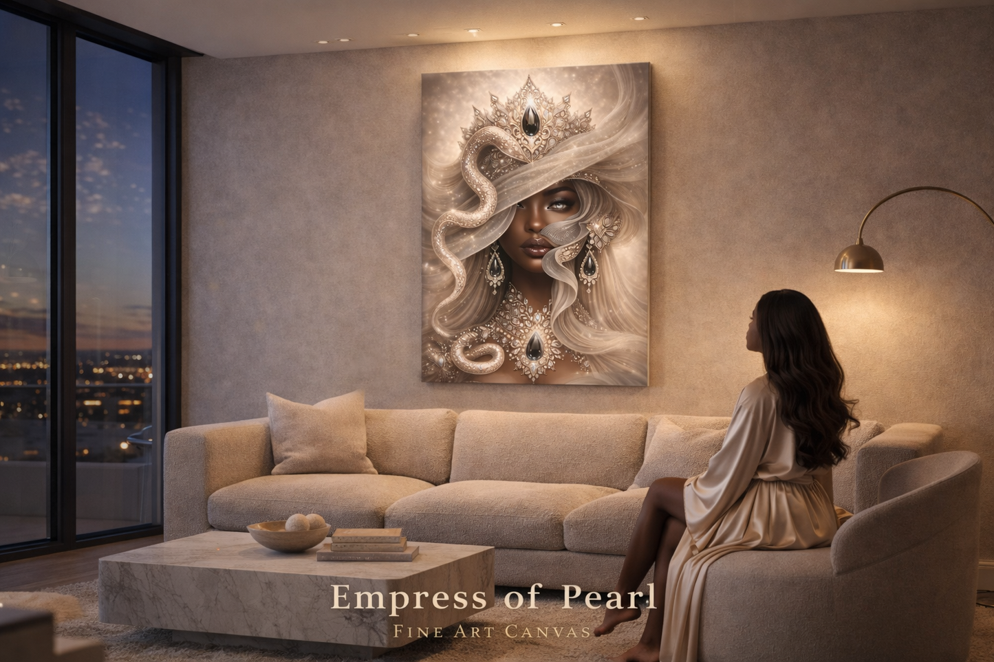 Empress of Pearl Canvas Wall Art | Elegant Black Woman Portrait | Soft Feminine Luxury Decor | Neutral Glam Wall Art | Divine Feminine Artwork
