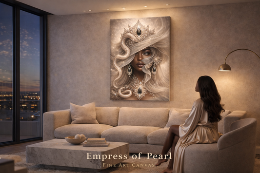Empress of Pearl Canvas Wall Art | Elegant Black Woman Portrait | Soft Feminine Luxury Decor | Neutral Glam Wall Art | Divine Feminine Artwork