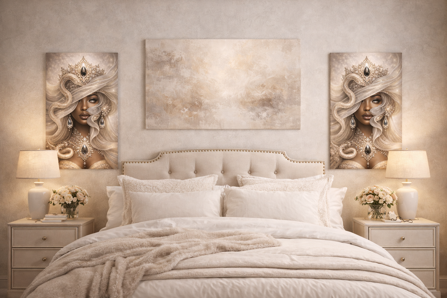 Empress of Pearl Canvas Wall Art | Elegant Black Woman Portrait | Soft Feminine Luxury Decor | Neutral Glam Wall Art | Divine Feminine Artwork