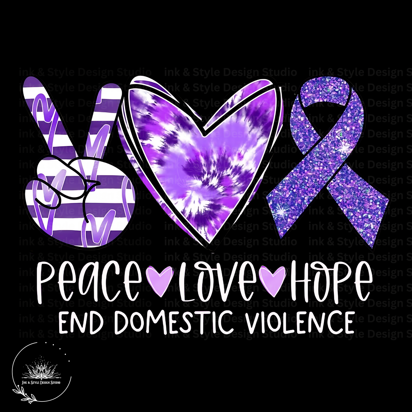 Peace Love Hope | Purple Ribbon | End Domestic Violence | PNG | Tie-Dye Heart & Glitter Ribbon | Instant Digital Download