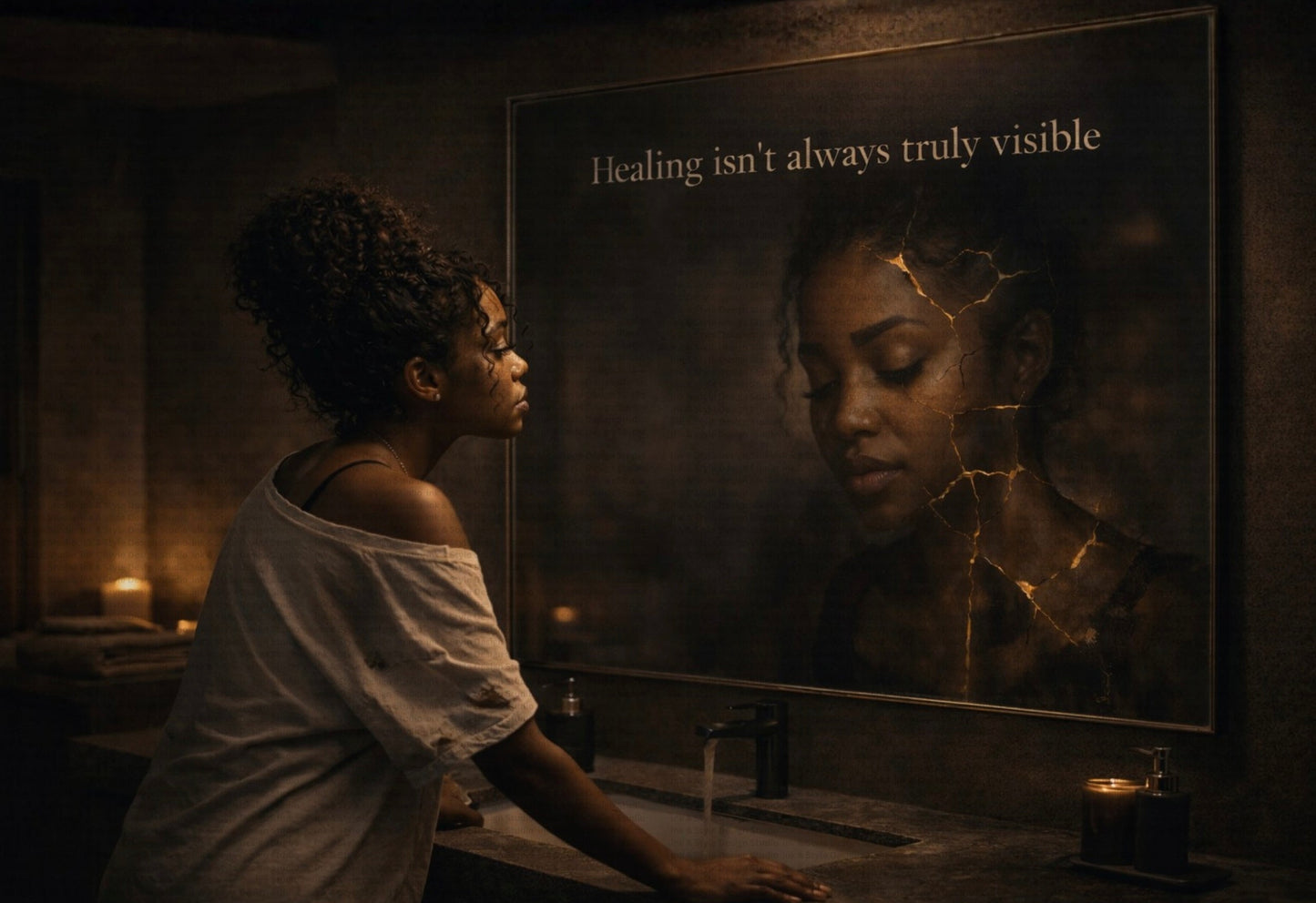 Fractured Reflections – Still Healing | Healing Isn’t Always Visible | Black Woman Canvas Print | Emotional Healing Art | Instant Download
