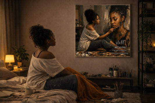 Fractured Reflections – Still Healing | Healing Isn’t Always Visible | Black Woman Canvas Print | Emotional Healing Art | Instant Download