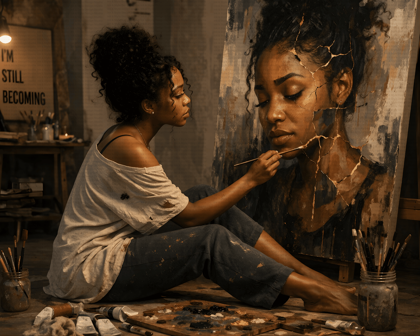 Fractured Reflections – Still Healing | Healing Isn’t Always Visible | Black Woman Canvas Print | Emotional Healing Art | Instant Download
