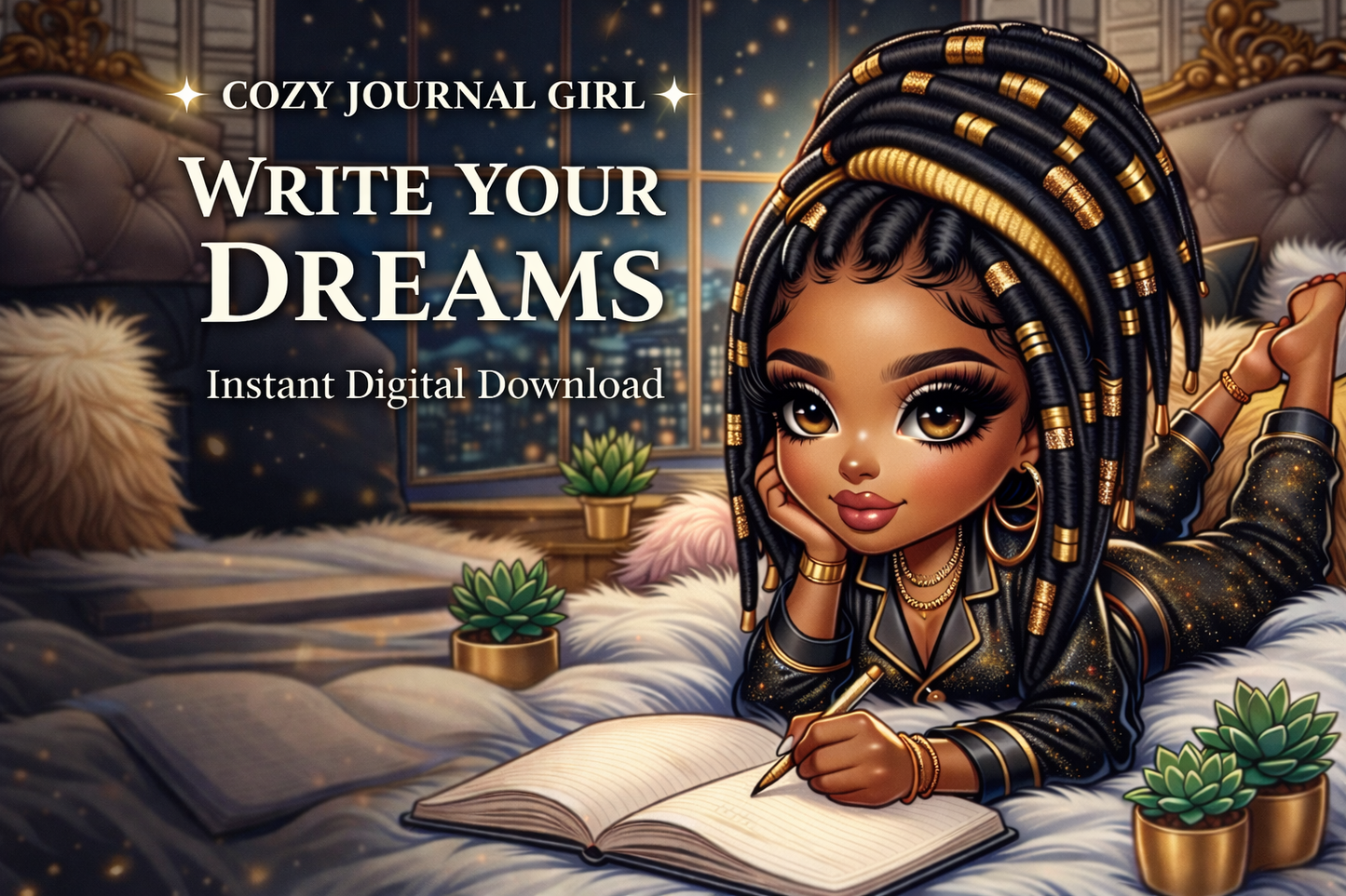 Chibi Style African American Woman With Dreadlocks | Cozy Night In | Digital Download