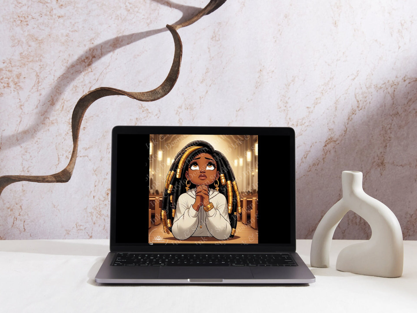 African American Chibi Girl Praying Digital Download | Inspirational Christian Wall Art | Faith-Based PNG Artwork for Home Decor