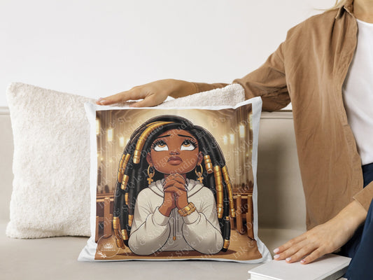 African American Chibi Girl Praying Digital Download | Inspirational Christian Wall Art | Faith-Based PNG Artwork for Home Decor