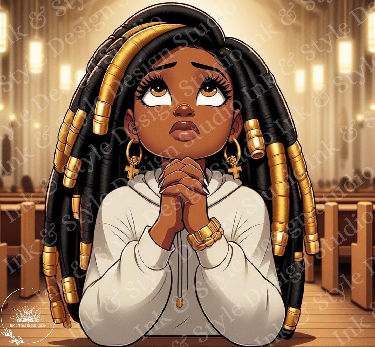 African American Chibi Girl Praying Digital Download | Inspirational Christian Wall Art | Faith-Based PNG Artwork for Home Decor