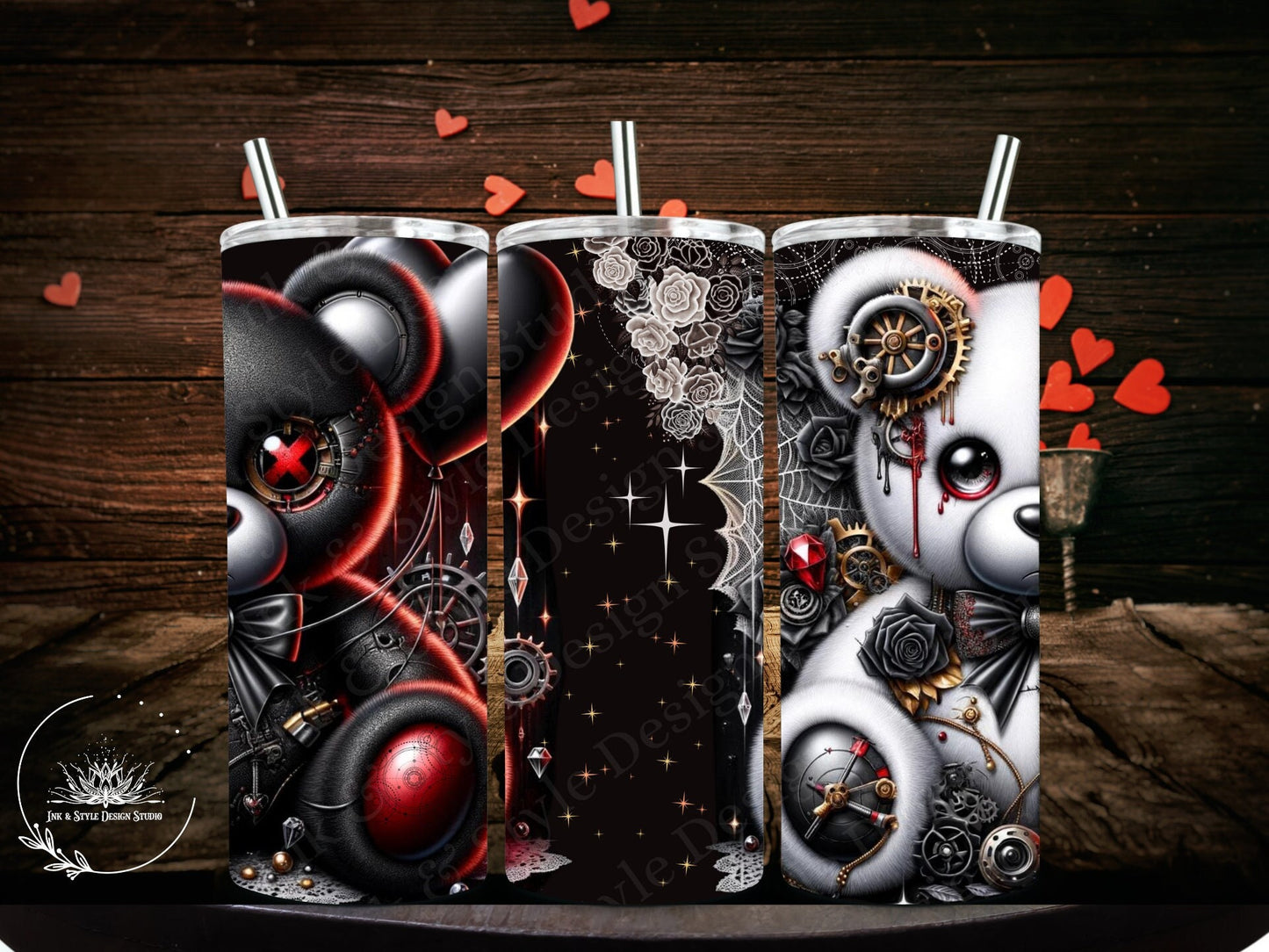 Bear With Me | Heartbreak Bear | Steampunk Valentine’s Day Bear | 20 oz Tumbler Sublimation Design