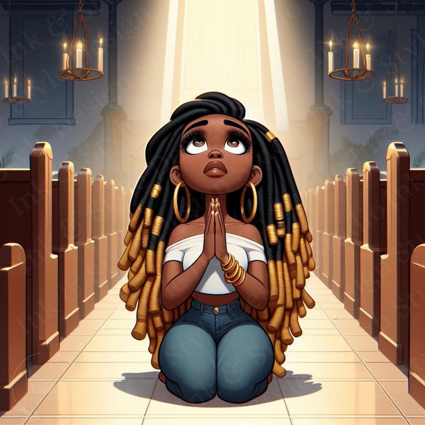 African American Praying Chibi Woman Clip Art Bundle | Faith & Devotion | 4-Pack PNG Digital Download