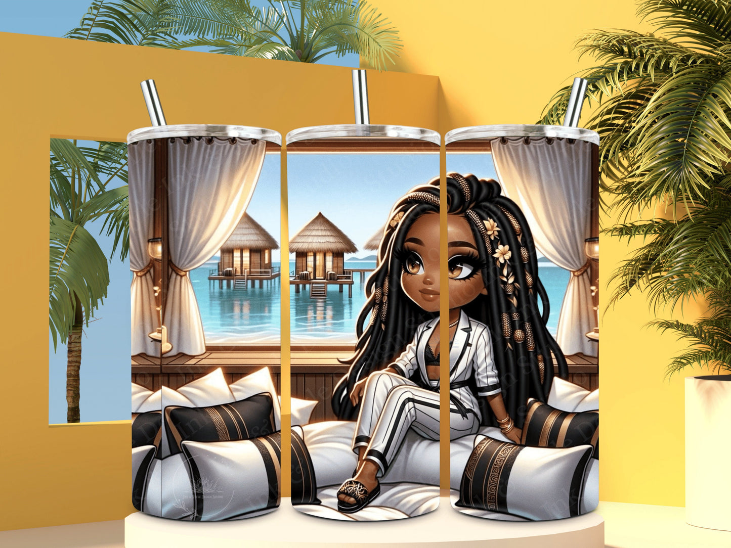 Chibi African American Woman with Dreadlocks Tumbler Wrap | Elegant Vacation Style | 20 oz Tumbler Sublimation Design | Exclusive PNG | POD Instant Download