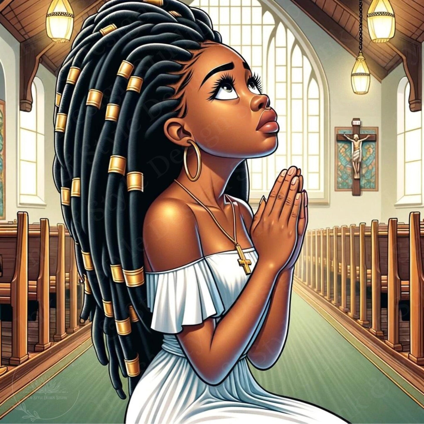 African American Praying Chibi Woman Clip Art Bundle | Faith & Devotion | 4-Pack PNG Digital Download