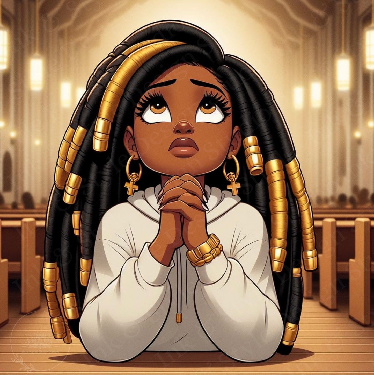 African American Praying Chibi Woman Clip Art Bundle | Faith & Devotion | 4-Pack PNG Digital Download