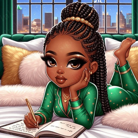 Stylish Chibi African American Woman with Braids Writing in Journal | Cozy Night Digital Art | Perfect for Journals, Tumblers, and More