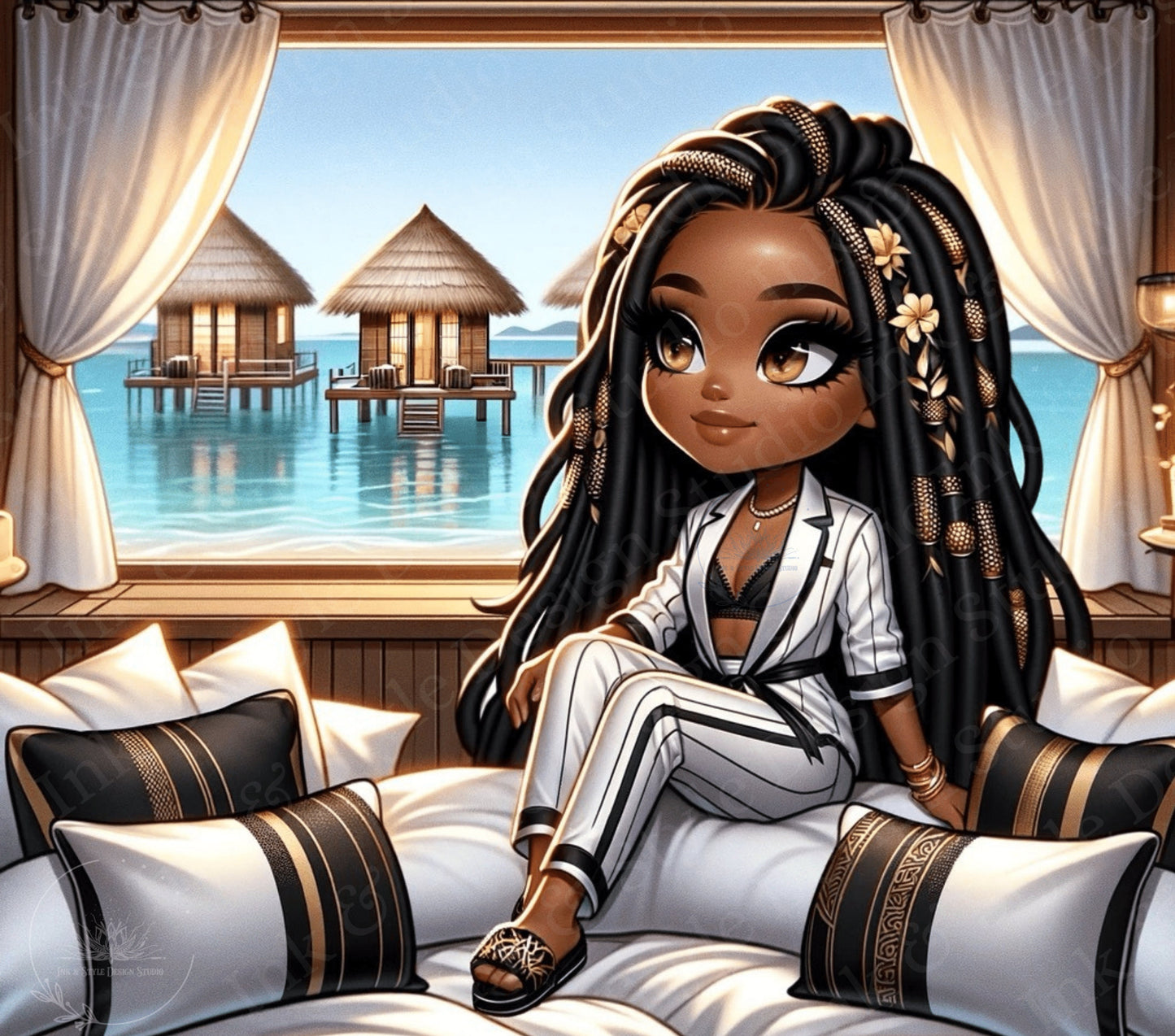 Chibi African American Woman with Dreadlocks Tumbler Wrap | Elegant Vacation Style | 20 oz Tumbler Sublimation Design | Exclusive PNG | POD Instant Download