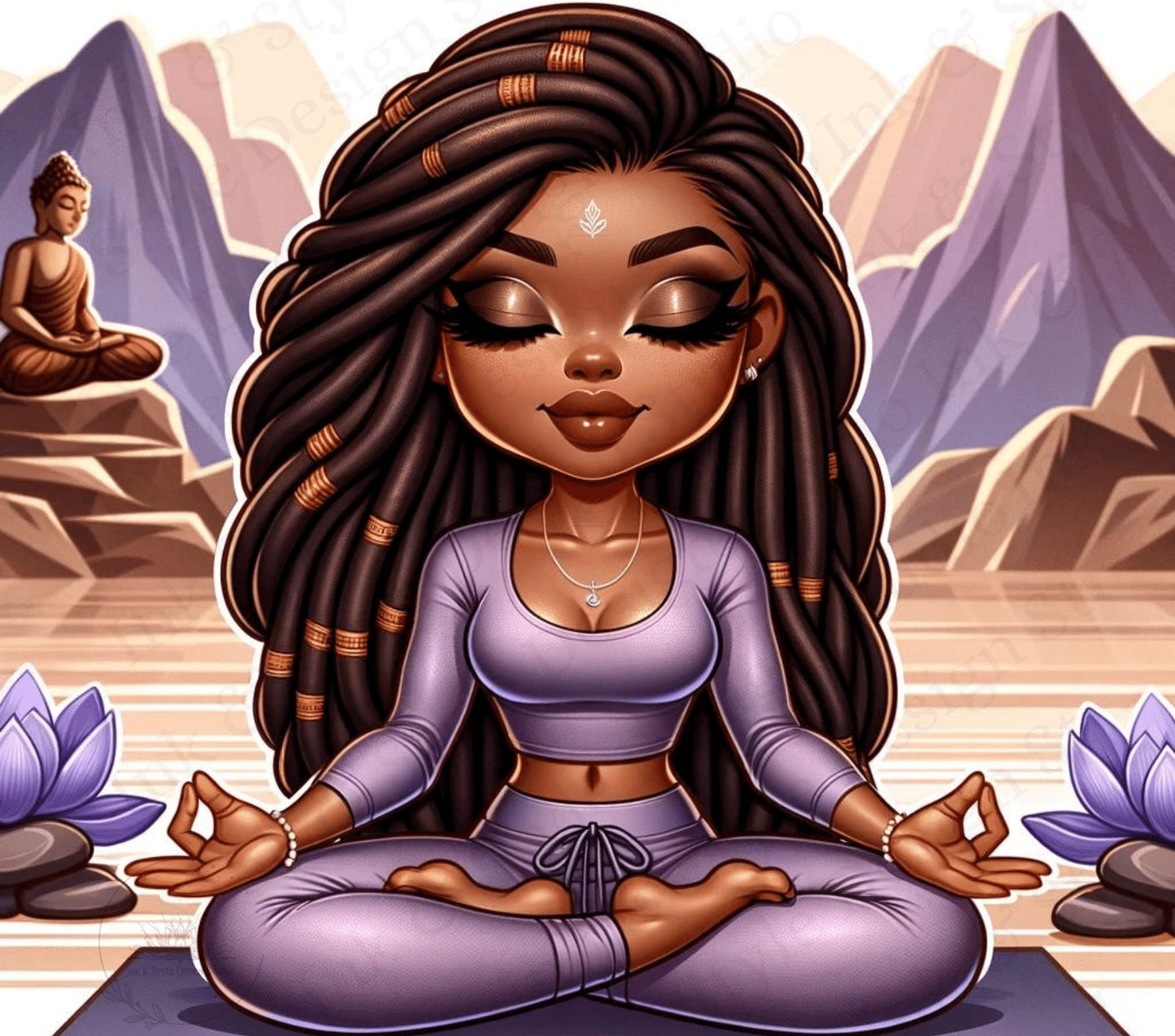 Zen Chibi Girl Tumbler Wrap | African American Woman in Sukhasana Yoga Pose | 20 oz Tumbler PNG | Exclusive Digital Download | POD Ready