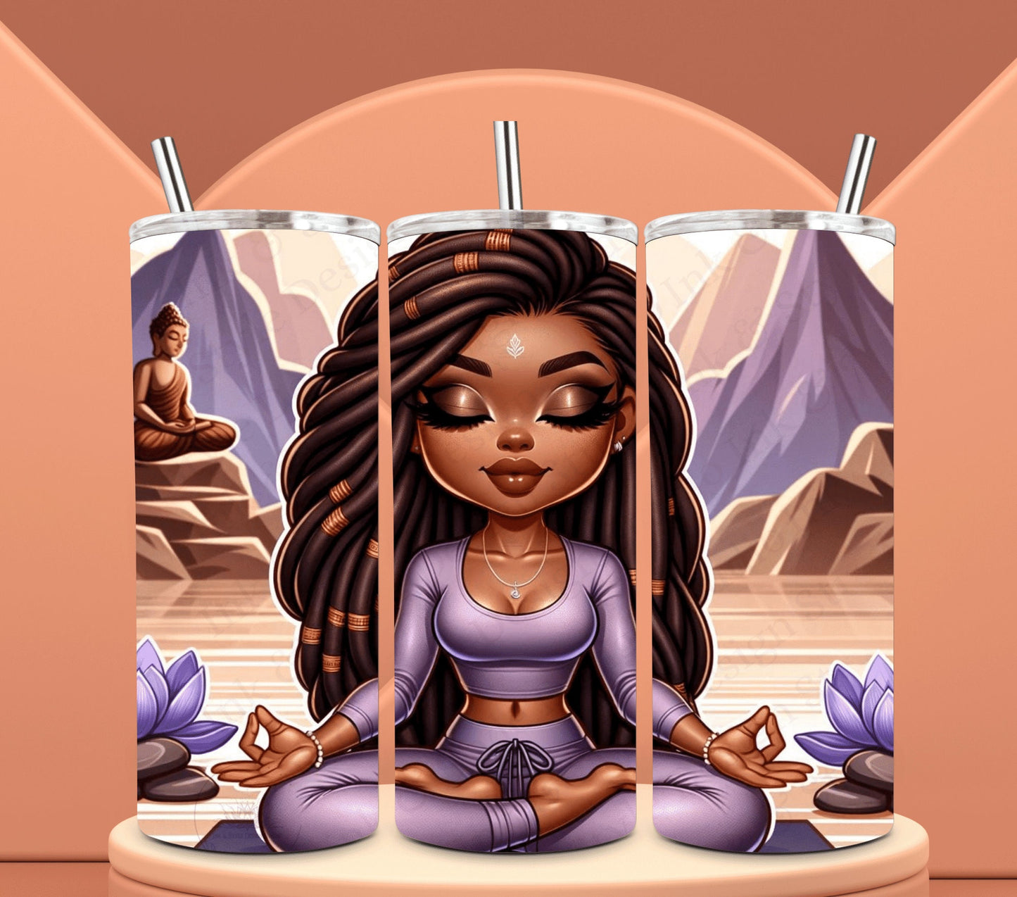 Zen Chibi Girl Tumbler Wrap | African American Woman in Sukhasana Yoga Pose | 20 oz Tumbler PNG | Exclusive Digital Download | POD Ready