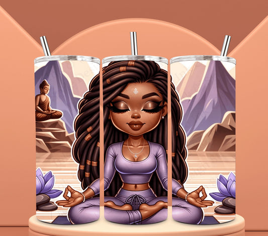 Zen Chibi Girl Tumbler Wrap | African American Woman in Sukhasana Yoga Pose | 20 oz Tumbler PNG | Exclusive Digital Download | POD Ready