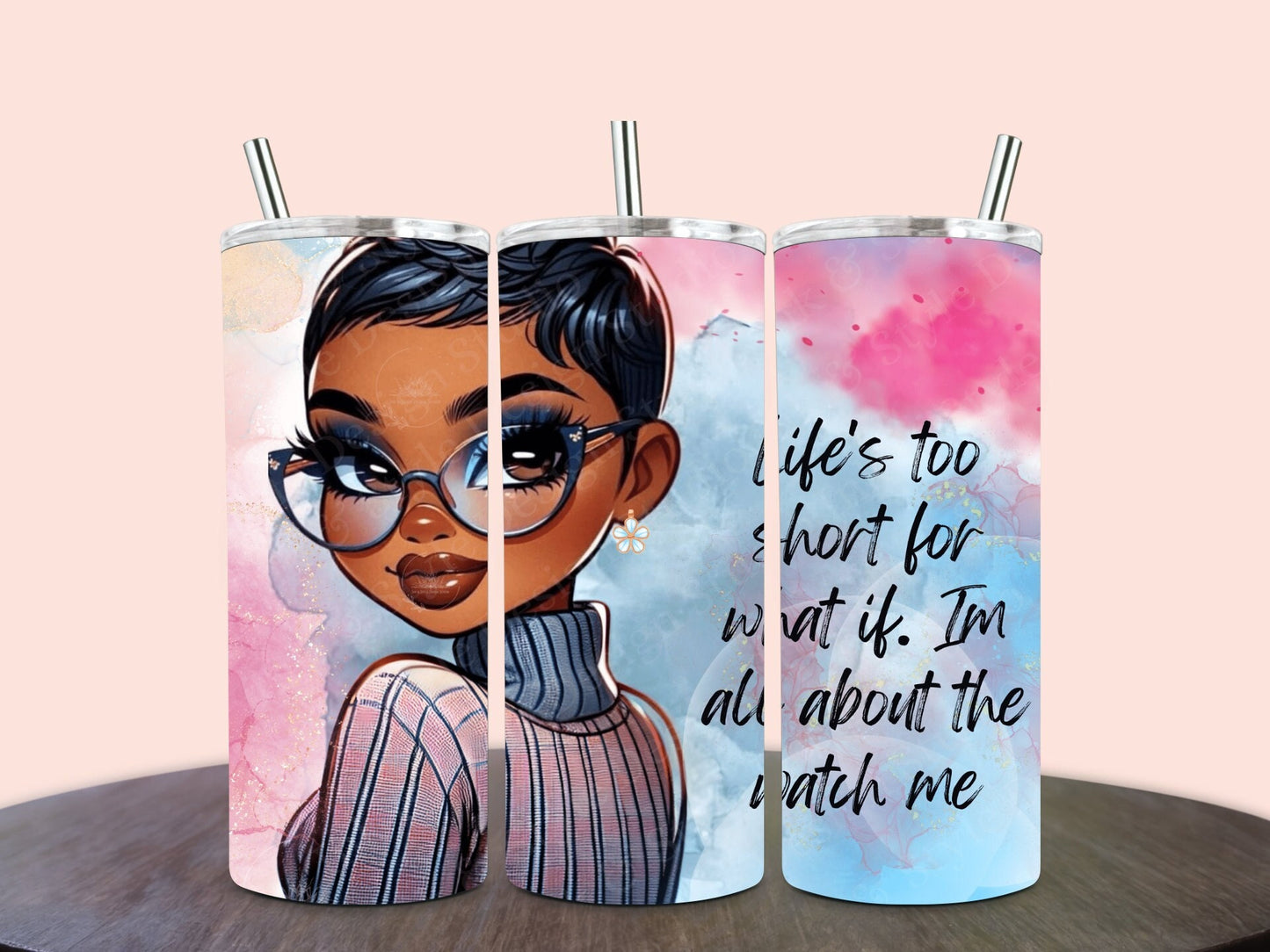 African American Woman With Short Pixie Cut, Inspirational, 20 oz Tumbler, Exclusive PNG Digital Print, POD Instant Download