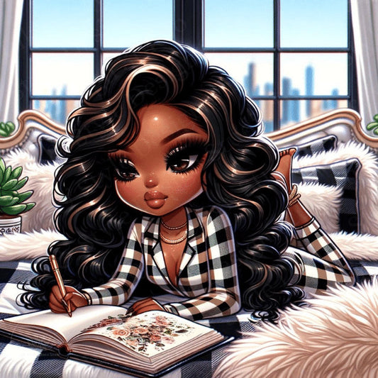 African American Chibi Girl Writing Digital Art | Cozy Inspirational Wall Art | PNG Digital Download