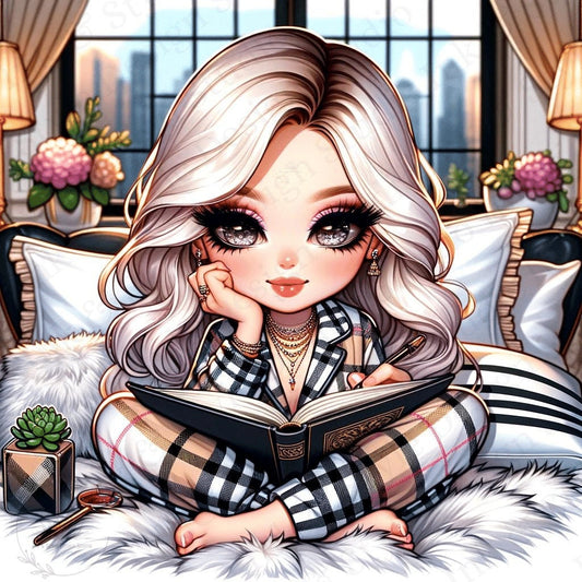 Chibi Style Caucasian American Woman With Blonde Hair Sitting On Bed Writing in Journal, Digital Art, PNG