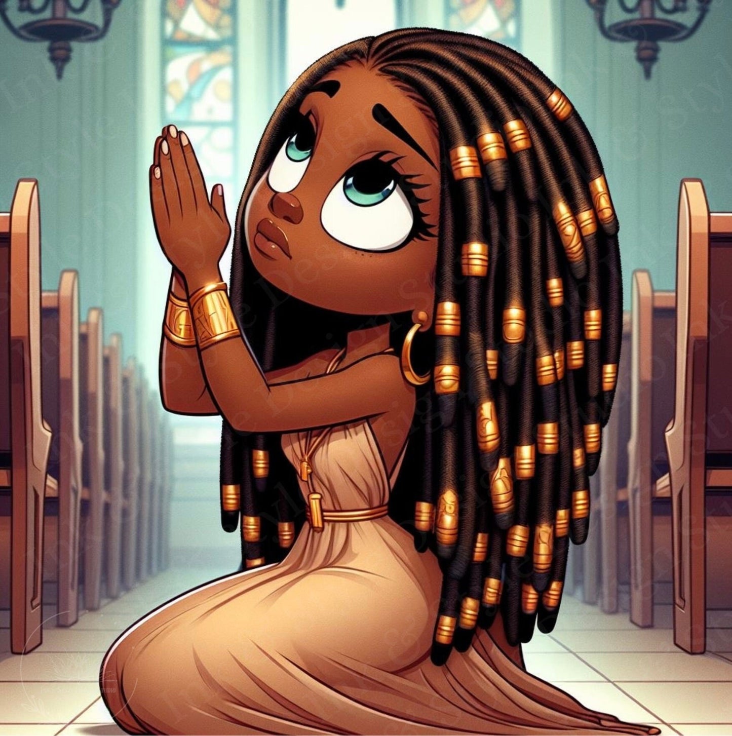 African American Praying Chibi Woman Clip Art Bundle | Faith & Devotion | 4-Pack PNG Digital Download