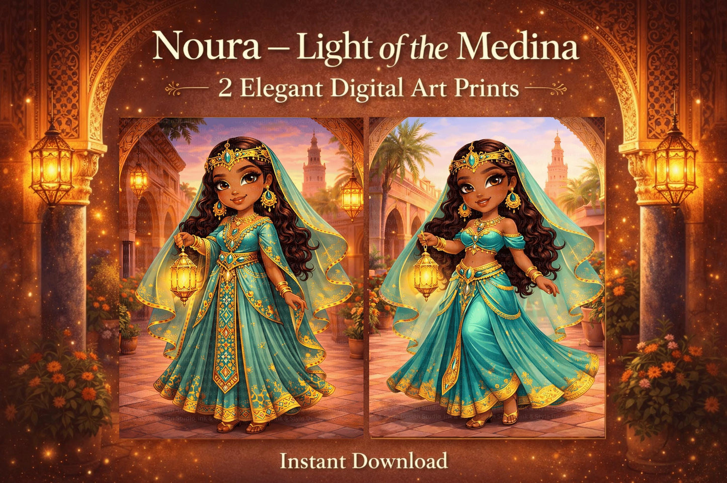 Moroccan Princess Chibi Art | Marrakech Lantern Girl PNG | Medina Fantasy Character | Desert Princess Digital Art | Instant Download