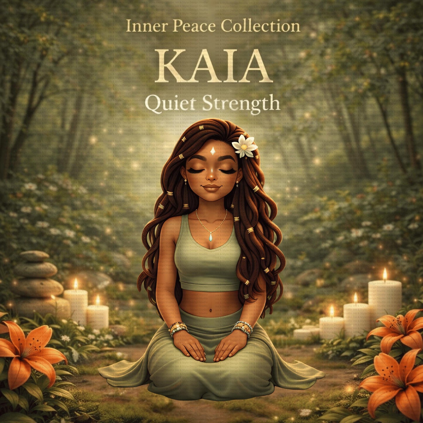 Kaia Quiet Strength Tumbler Wrap | Zen Yoga Chibi Girl | Virasana Pose | 20oz Tumbler PNG | Meditation Sublimation Design