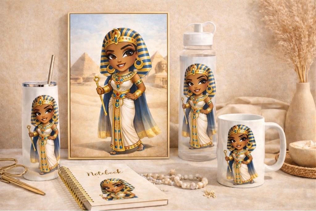 Egyptian Queen Chibi Art | Pyramids Printable Wall Art | Ancient Egypt Princess Illustration | North African Clipart | Digital Download PNG