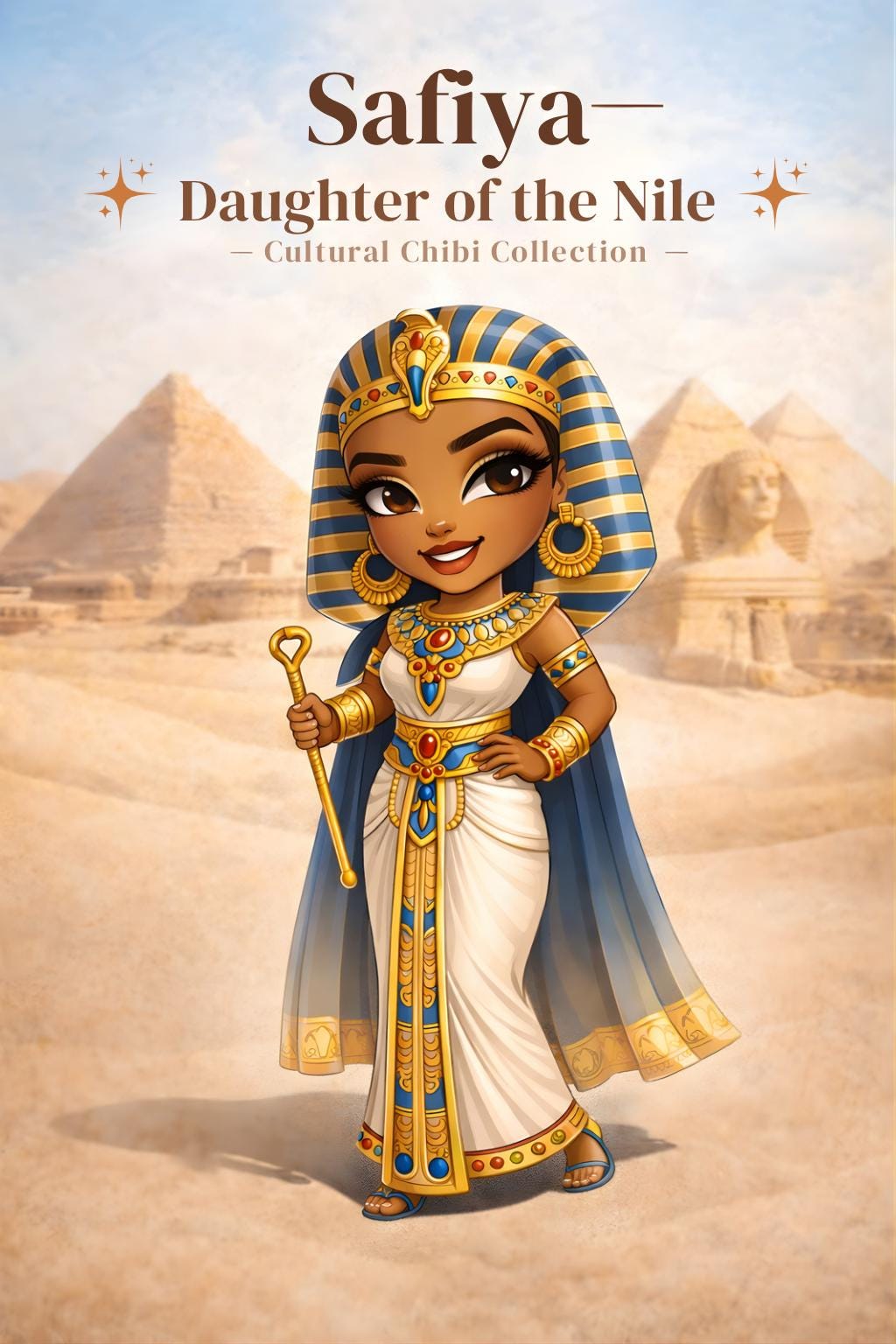 Egyptian Queen Chibi Art | Pyramids Printable Wall Art | Ancient Egypt Princess Illustration | North African Clipart | Digital Download PNG