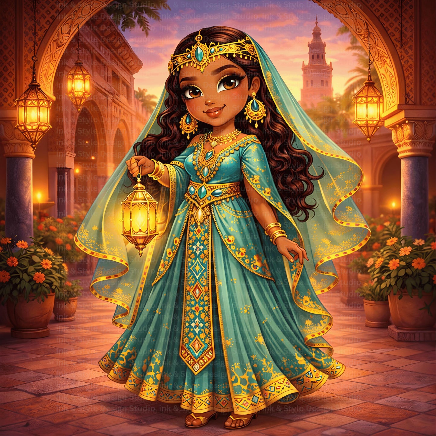 Moroccan Princess Chibi Art | Marrakech Lantern Girl PNG | Medina Fantasy Character | Desert Princess Digital Art | Instant Download