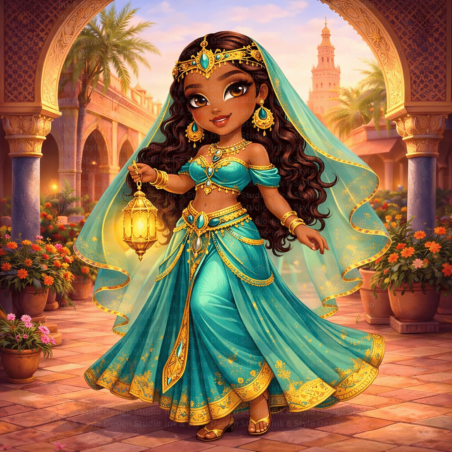 Moroccan Princess Chibi Art | Marrakech Lantern Girl PNG | Medina Fantasy Character | Desert Princess Digital Art | Instant Download