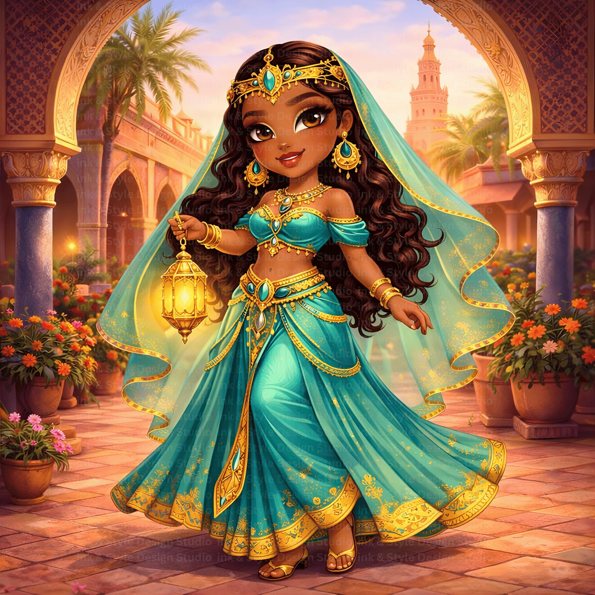 Moroccan Princess Chibi Art | Marrakech Lantern Girl PNG | Medina Fantasy Character | Desert Princess Digital Art | Instant Download