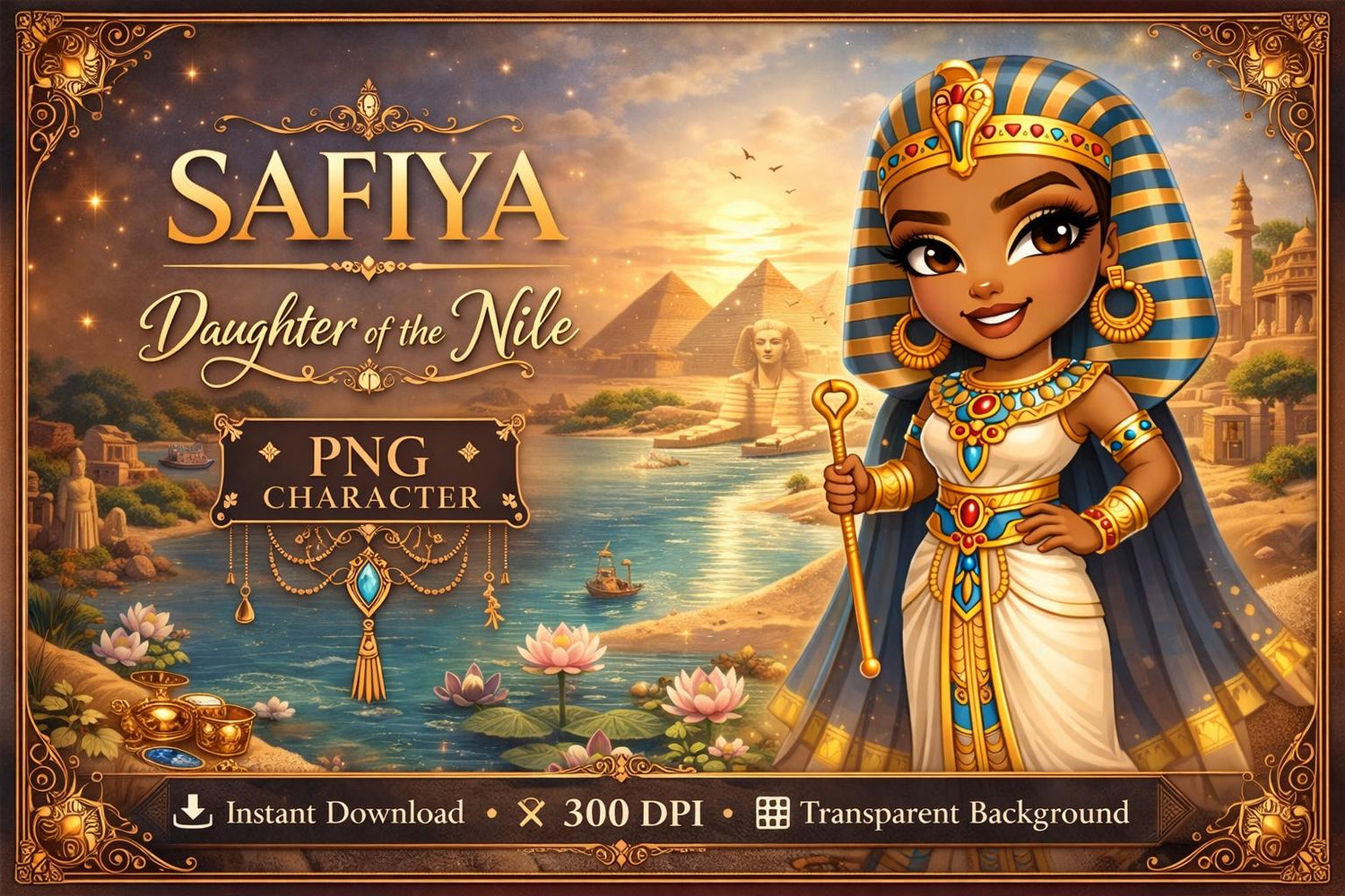 Egyptian Queen Chibi Art | Pyramids Printable Wall Art | Ancient Egypt Princess Illustration | North African Clipart | Digital Download PNG