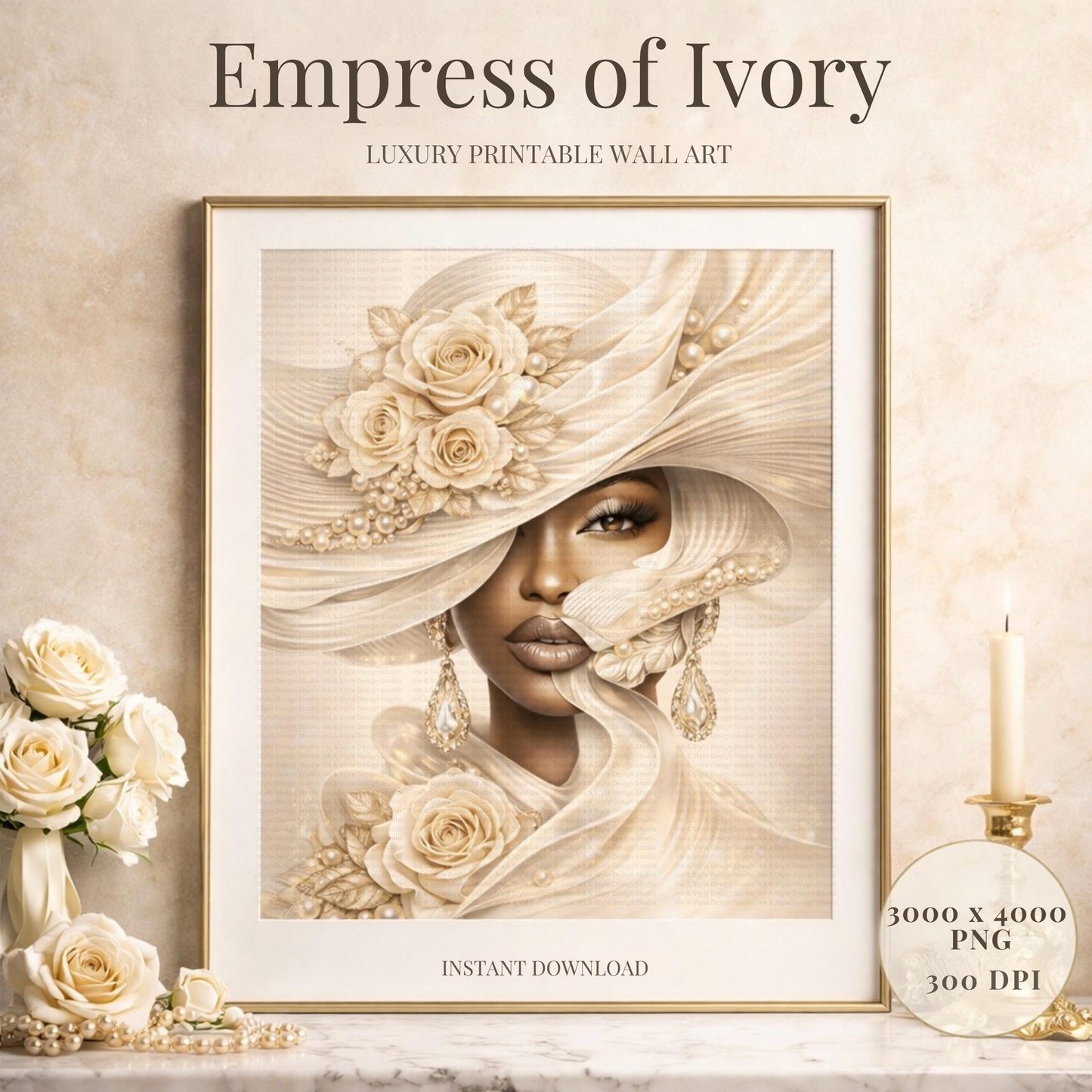 Empress Of Ivory Printable Wall Art | Luxury Black Woman Portrait | Elegant Ivory Glam Home Decor | Fashion Inspired Digital Download
