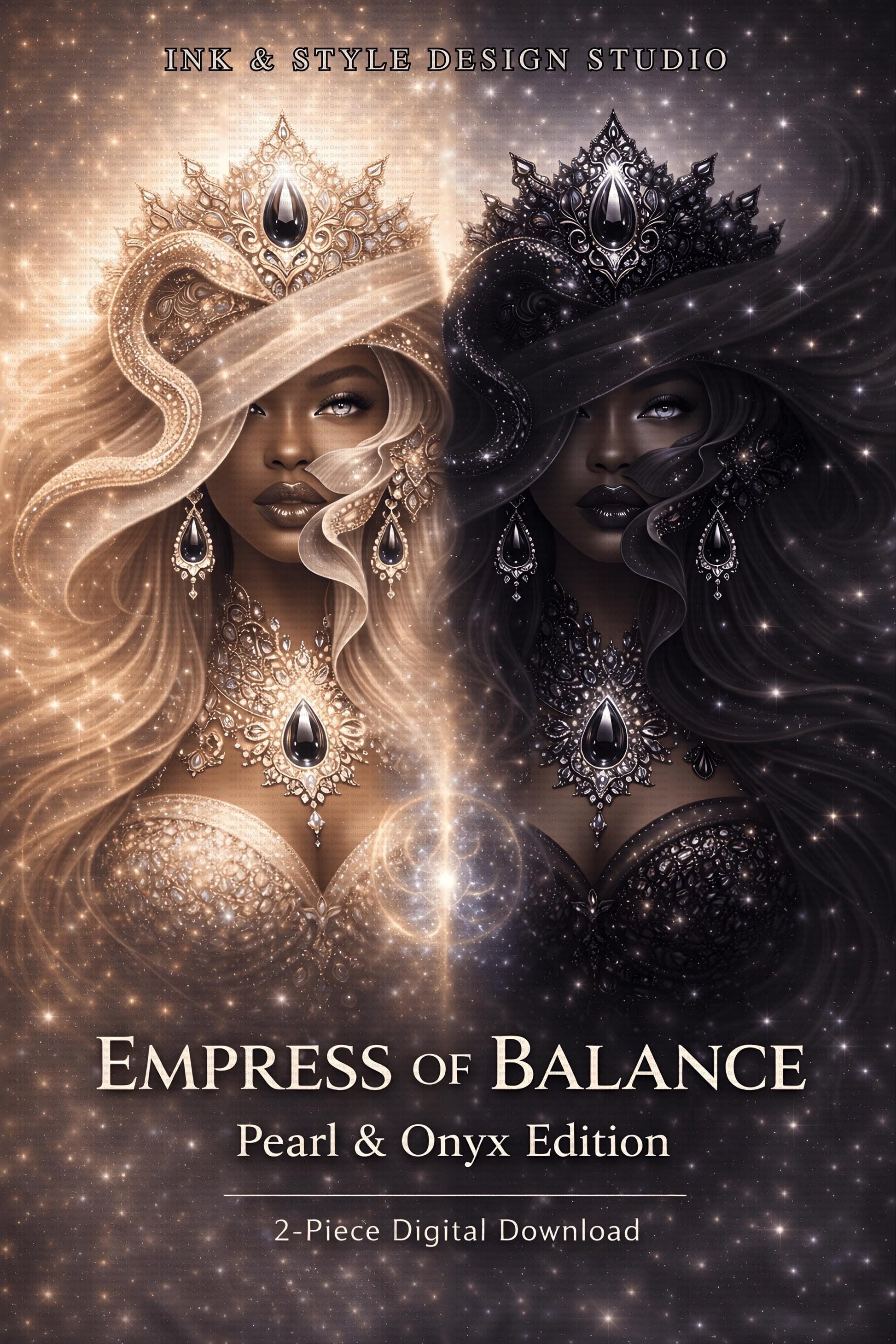 Empress of Balance | Pearl & Onyx Digital Art Bundle | Black Woman Luxury Wall Art | Divine Feminine Yin Yang Artwork | Digital Download